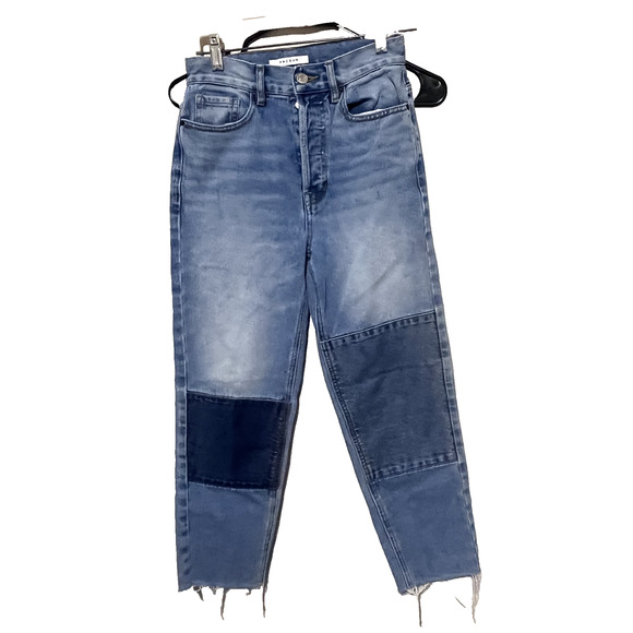 Pacsun Women's Blue Jeans size 24 Ultra High Rise Slim patchwork crop raw hem - Picture 1 of 9